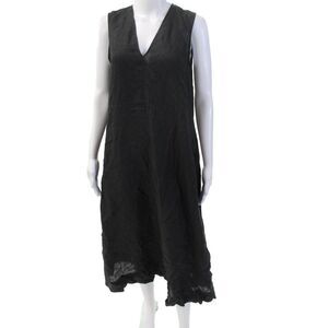 Asceno Womens Sleeveless V Neck Knee Length Linen Shift Dress Black Size XS